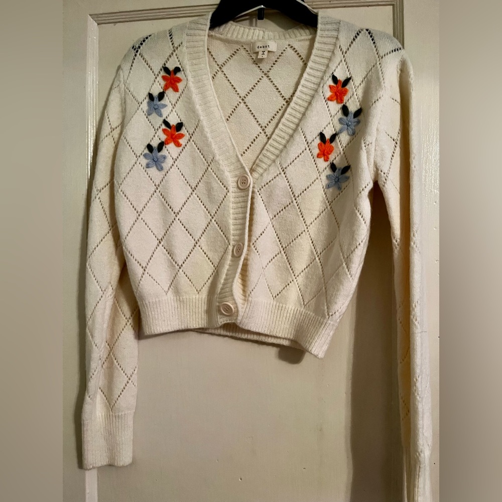 Women’s Floral Stitch Cropped Cardigan Sweater Large